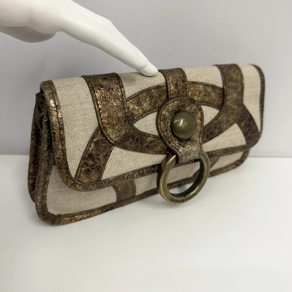 Isabella Fiore Clutch Bag Purse City Lights Clara Bronze Flax Leather & Linen
